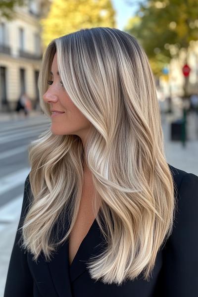 A close-up of a woman with long, wavy, blonde hair featuring dark brown streaks, styled in loose, voluminous layers.