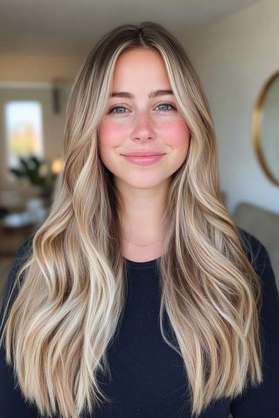 A woman with long, wavy blonde hair featuring dark brown streaks and a centre parting.