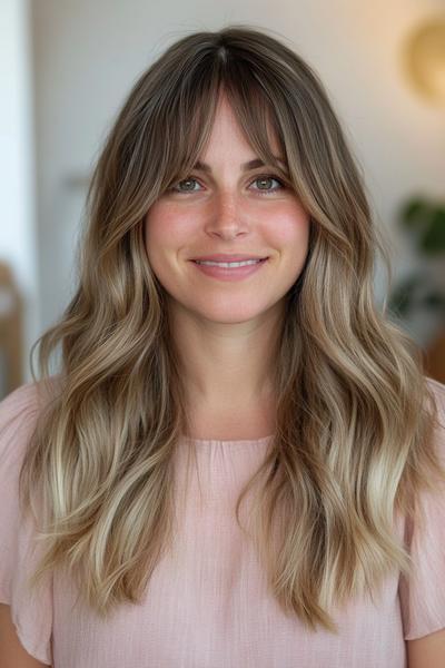 A woman with long, wavy hair and curtain bangs, smiling softly while wearing a light pink top.