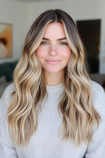 A woman with long, wavy blonde hair featuring dark brown streaks that add depth and contrast to her hairstyle.