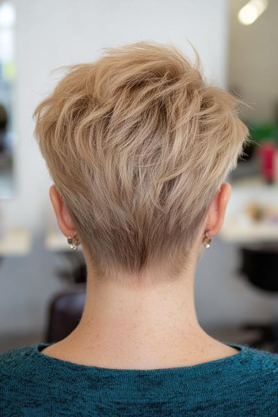 A short, blond pixie haircut with an undercut, styled with textured and tousled layers at the top.