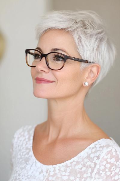 A silver-haired older lady with glasses and a stylish, short pixie cut, wearing a white lace top.