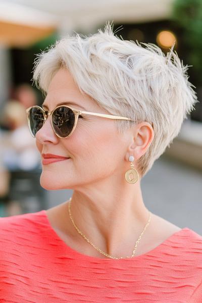 An older woman with glasses wearing a chic, short, blonde pixie cut styled in soft layers.