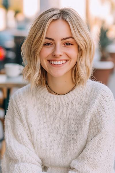 A woman with a blonde bob haircut smiles while wearing a cosy white jumper in an outdoor setting.