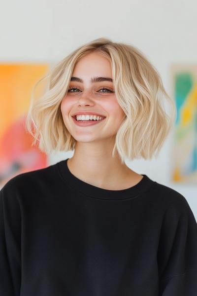 A woman with a wavy blonde bob hairstyle smiles brightly.