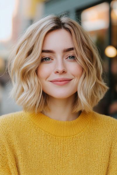 A woman with a blonde bob hairstyle featuring loose waves and a centre parting, wearing a mustard yellow jumper.