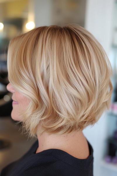 A side view of a woman with a blonde bob haircut featuring layers and soft waves.