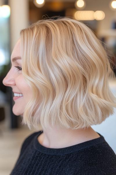 A woman with a wavy, blonde bob haircut, showing soft, textured waves and a length that falls just above the shoulders.