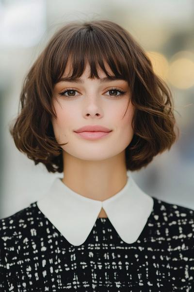 A woman with a classic bob hairstyle featuring soft, wavy, shoulder-length hair and a straight fringe, wearing a patterned top with a white Peter Pan collar.