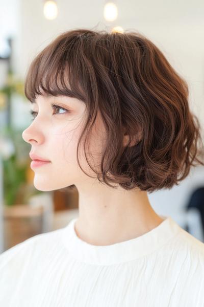 A woman with a wavy bob hairstyle and a fringe, wearing a white top.