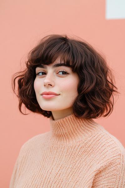 A woman with a wavy bob hairstyle and full fringe, wearing a peach-coloured turtleneck jumper, stands against a peach background.