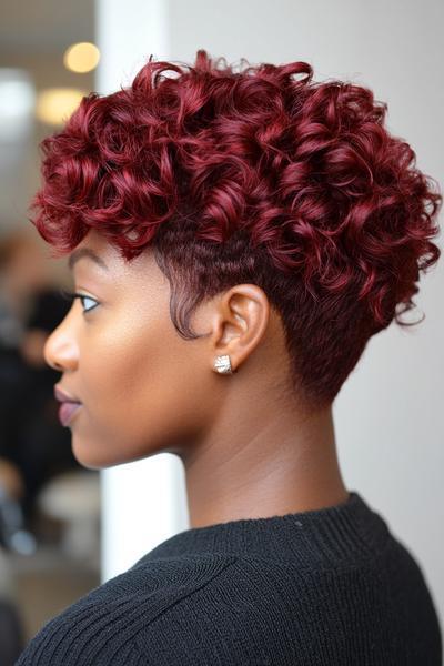 A woman with a stylish, short, curly burgundy hairstyle, showcasing defined curls on top and a neatly tapered cut on the sides.