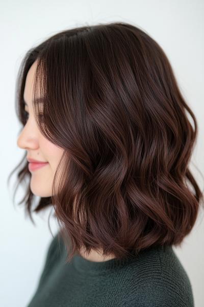 A woman with shoulder-length, dark chocolate brown hair styled in loose waves.