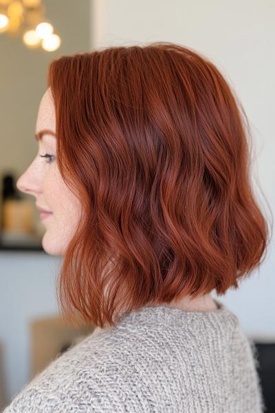 A woman with dark auburn hair styled in soft waves and cut into a shoulder-length bob.