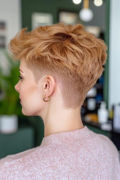 A woman with an undercut pixie haircut featuring longer, voluminous hair on top transitioning to closely cropped sides and back.