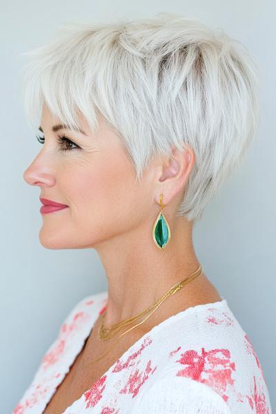 A close-up profile of an elderly woman with short, choppy, white hair styled in a modern, textured pixie cut.