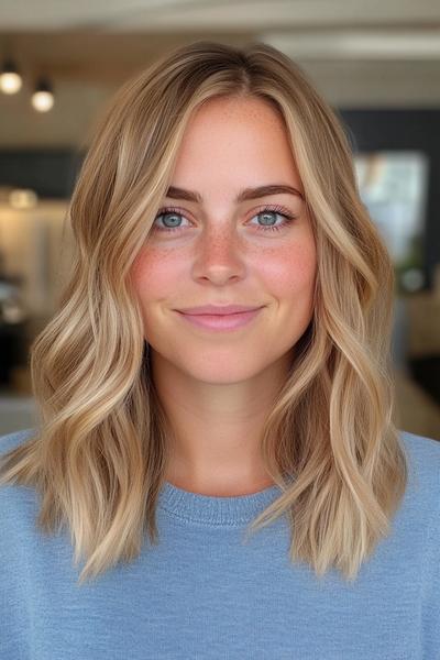 A woman with light ash blonde, shoulder-length, wavy hair and a centre parting.