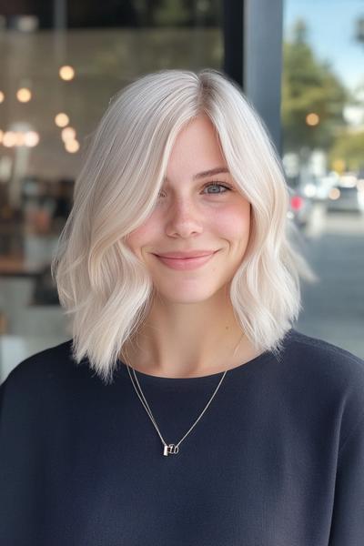 A woman with light ash blonde, wavy, shoulder-length hair, parted to the side, smiles softly against a blurred urban background.