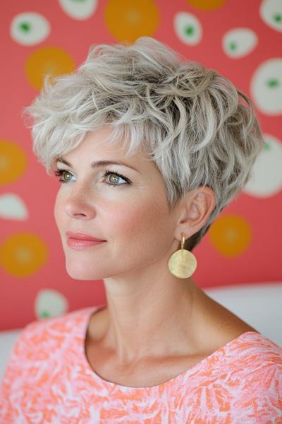 A woman with short, wavy silver hair styled in a modern, voluminous pixie cut.