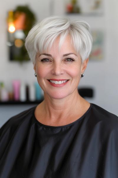 A mature woman with short, white, layered hair styled in a wash-and-wear haircut.