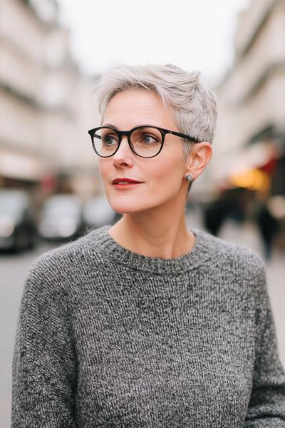 An older woman with glasses is wearing a stylish grey pixie cut, complementing her grey sweater.