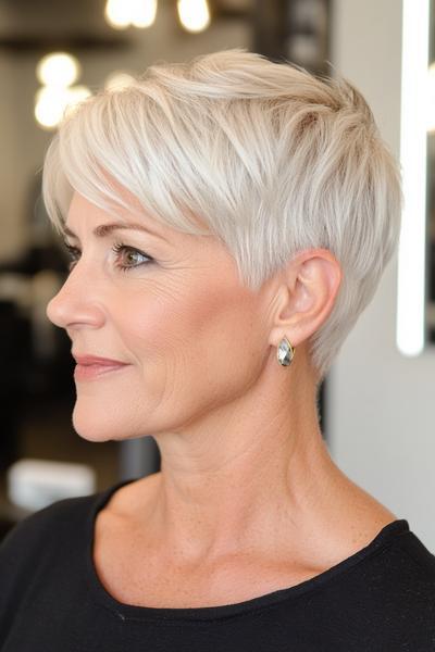 An elderly woman with short, layered silver hair styled in a pixie cut.