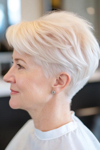 A stylish and easy-to-maintain short, layered haircut with feathered bangs, perfect for women over 60.