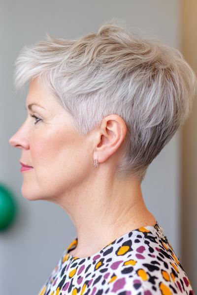 A woman with short, elegantly layered silver hair styled in a modern pixie cut.