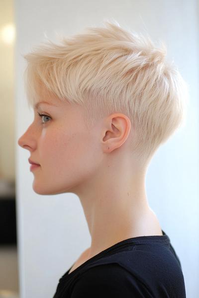 A profile view of a person with a platinum blonde undercut pixie hairstyle.