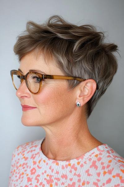 A stylish elderly woman with grey hair wears glasses and has a short, choppy pixie haircut.