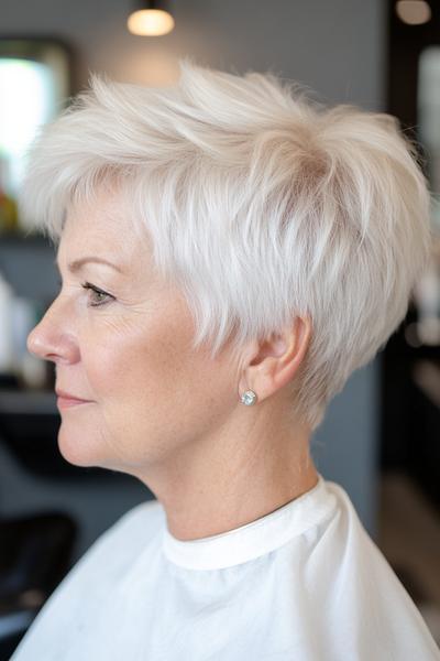 A woman with short, white, layered hair styled in a textured pixie cut, suitable for easy maintenance.