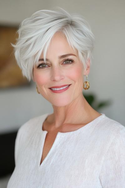 A stylish, short pixie haircut with side-swept bangs, suitable for a woman over 70 with white hair.