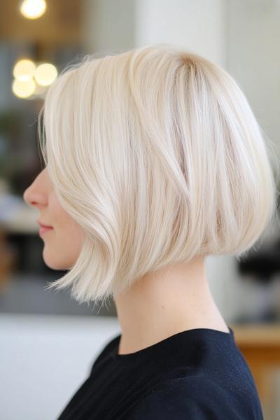 A woman with a sleek, platinum blonde bob hairstyle, styled with a slight curve inward, captured from a side profile.