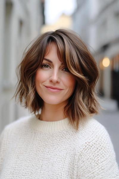 A woman with wavy, shoulder-length hair featuring soft layers and side-swept bangs.