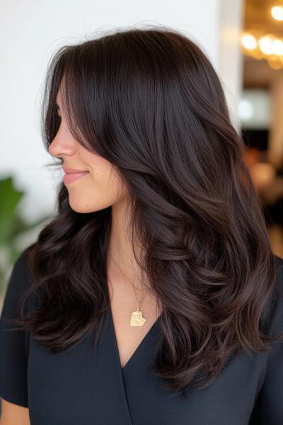 A woman with long, wavy dark brown hair styled with soft layers and a side parting.