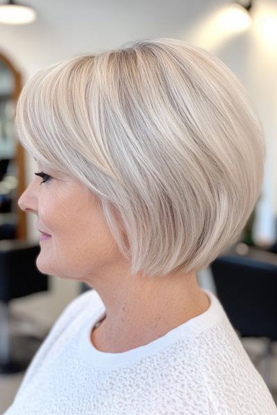 A short, layered bob with side-swept bangs in a silver-blonde colour, ideal for an easy, low-maintenance style.