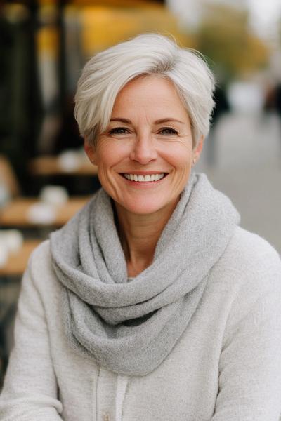 A woman over 50 with short, neatly styled silver hair, parted to the side, smiles warmly while wearing a grey scarf and light-coloured outfit.