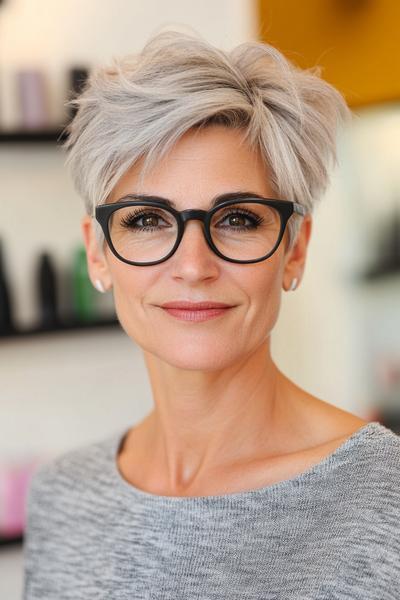 An older woman with short, stylish grey hair in a pixie cut wearing black glasses and a grey top, against a blurred indoor background.