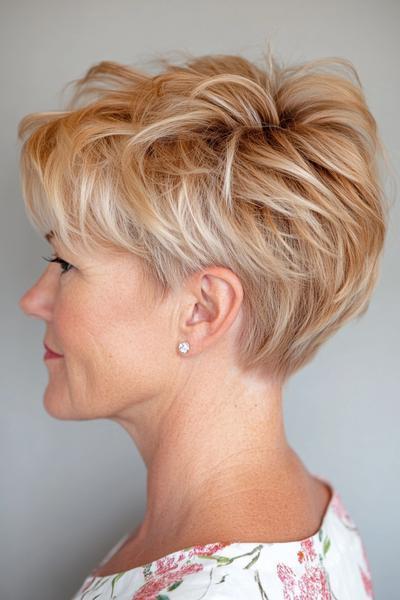 A short, choppy hairstyle with layers, suitable for women over 70, adding volume and texture to fine hair.