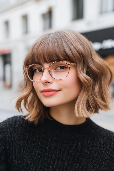 A woman with a textured bob hairstyle and fringe, wearing glasses, smiles slightly while standing outdoors.