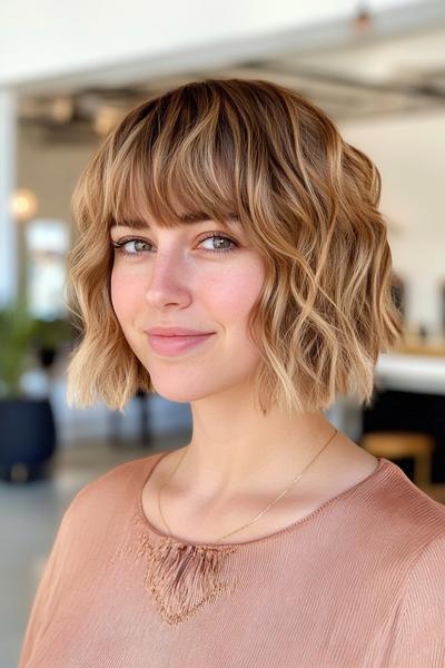 A woman with wavy, blonde bob hair featuring a full fringe, styled in a soft, tousled manner.