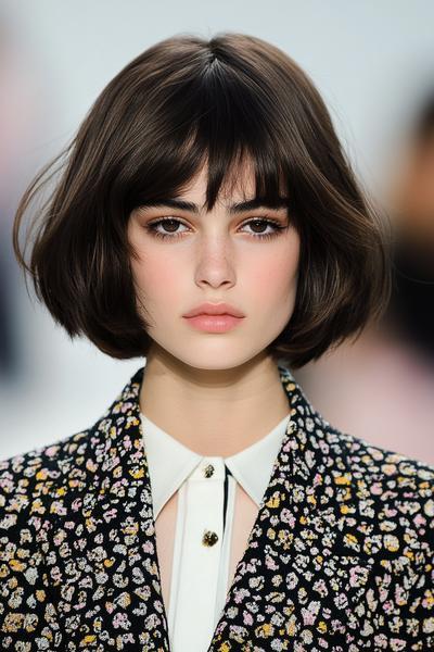 Woman with a short bob hairstyle featuring straight-across fringe, styled with slight volume and subtle waves.