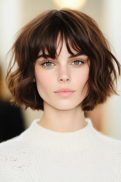 Woman with brown hair sporting a textured bob hairstyle with fringe, wearing a white sweater.