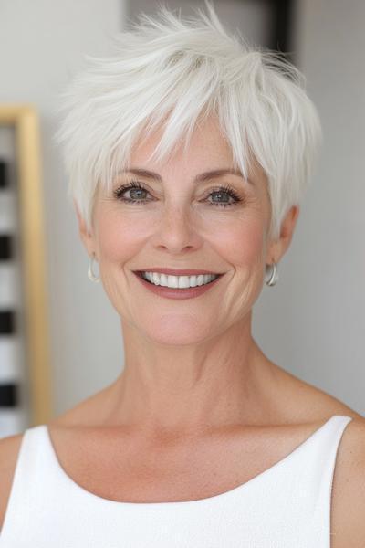 A woman over 60 with short, textured white hair styled in a chic, easy-to-maintain pixie cut.