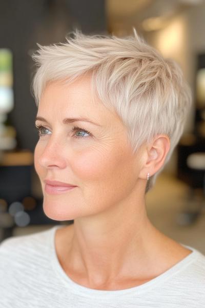 A close-up of an older woman with short, textured, platinum blonde hair styled in a pixie cut.