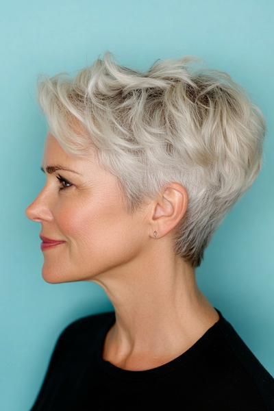 A woman with short, tousled, platinum blonde hair styled in a modern pixie cut.