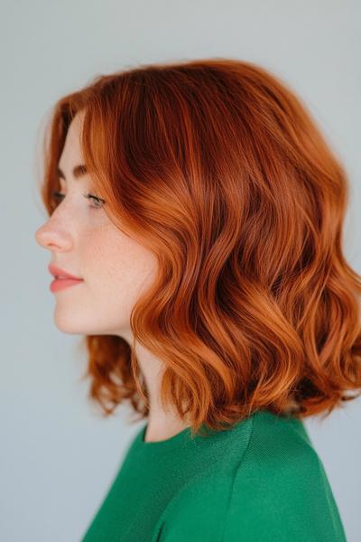 A woman with shoulder-length, wavy dark auburn hair is wearing a green top and looking to the side.