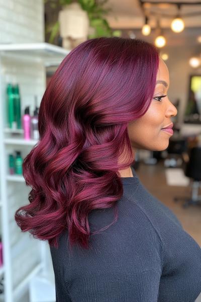 A woman with glossy, dark burgundy red hair styled in soft, loose waves.