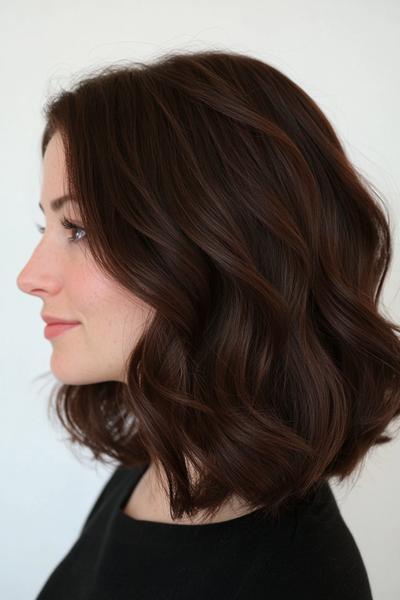 A woman with dark chocolate brown hair styled in soft, shoulder-length waves.