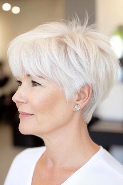 A woman with a short, choppy, white hairstyle featuring layered, textured bangs.